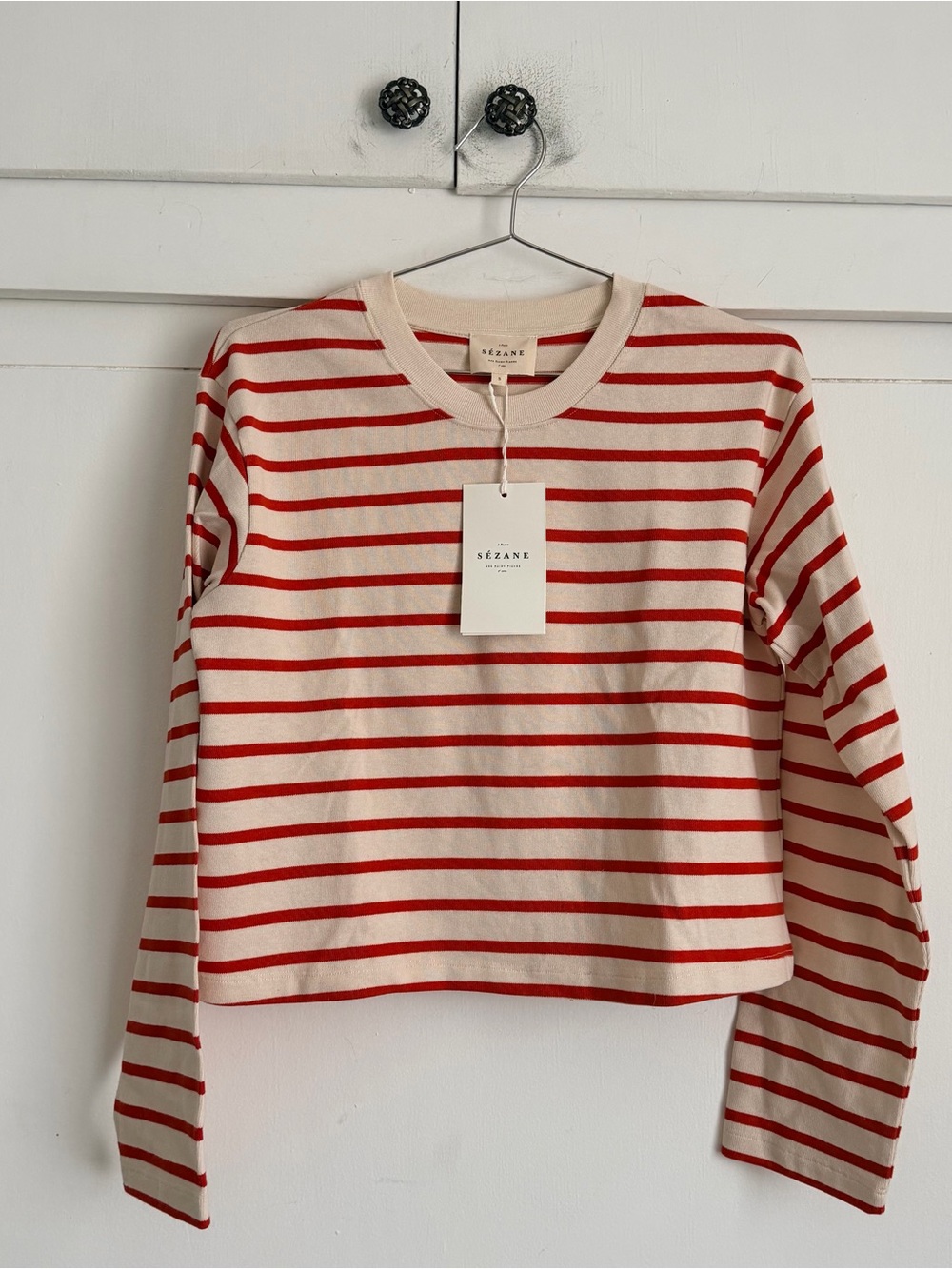 Sezane Red and Cream Striped Long Sleeve Tee